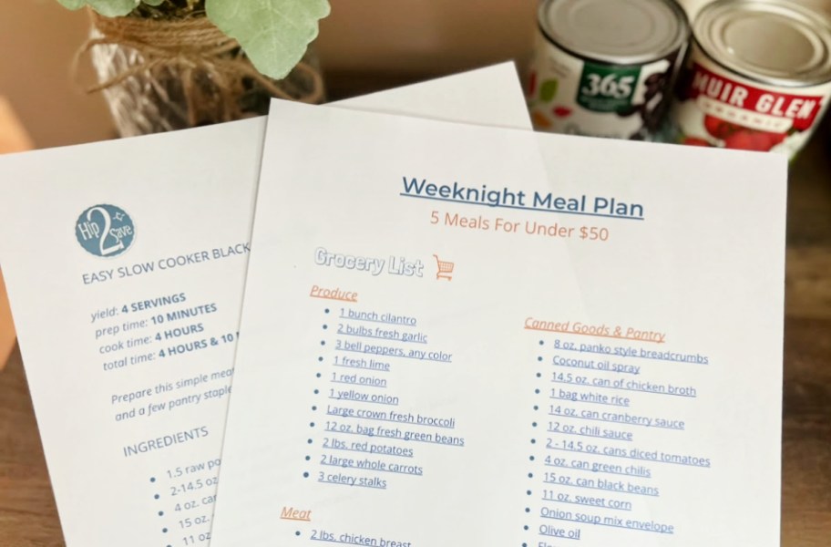 A printable shopping list and weeknight meal plan for under $50