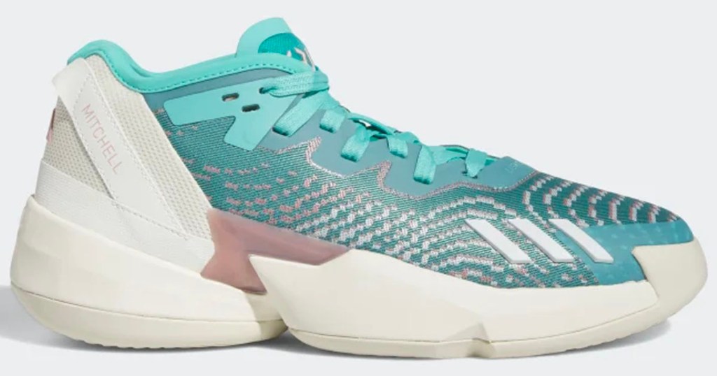 white and teal adidas don basketball shoes