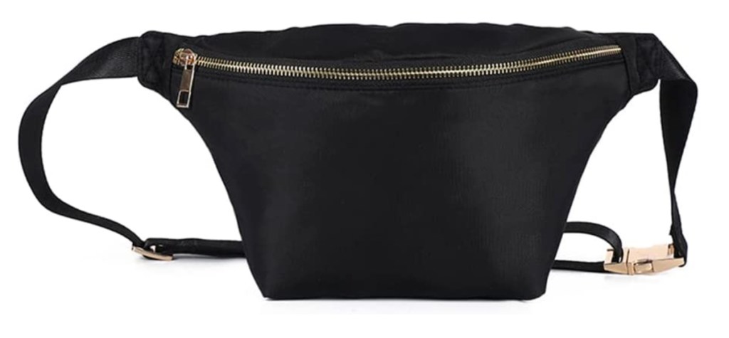 stock photo of black belt bag with gold zipper
