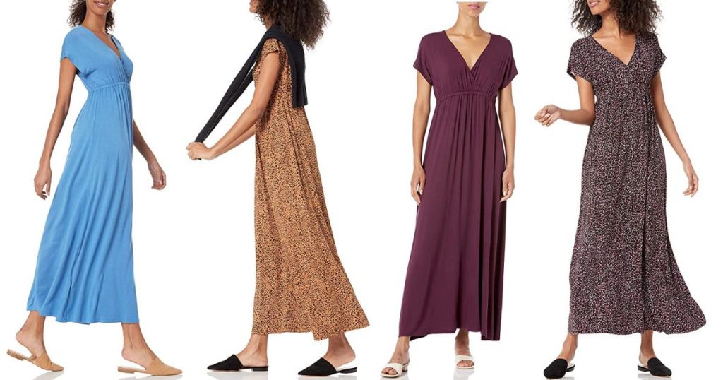 4 women wearing amazon essentials maxis in different colors 