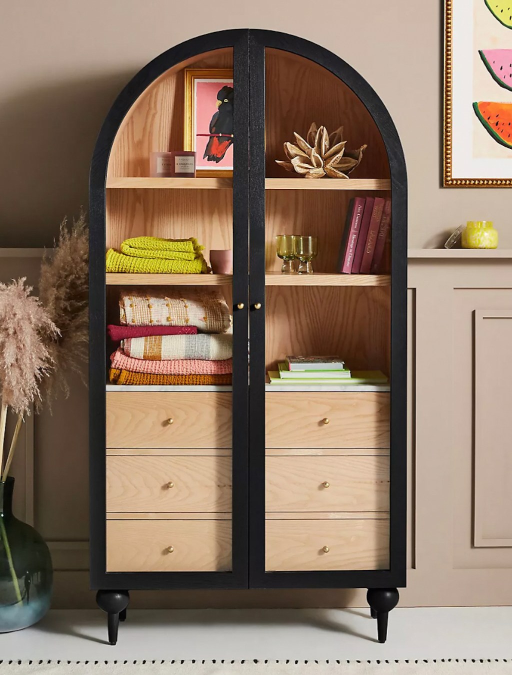 black arch storage cabinet with glass doors 