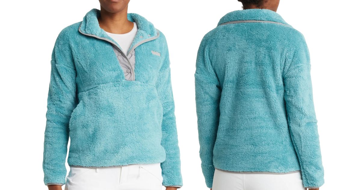 Spyder Womens pullover in aqua with view of back and front