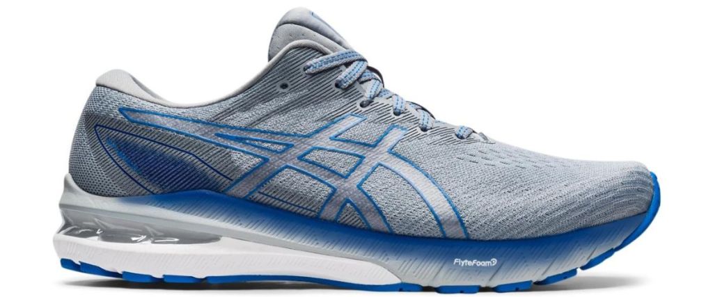 gray and blue and white Asics shoe