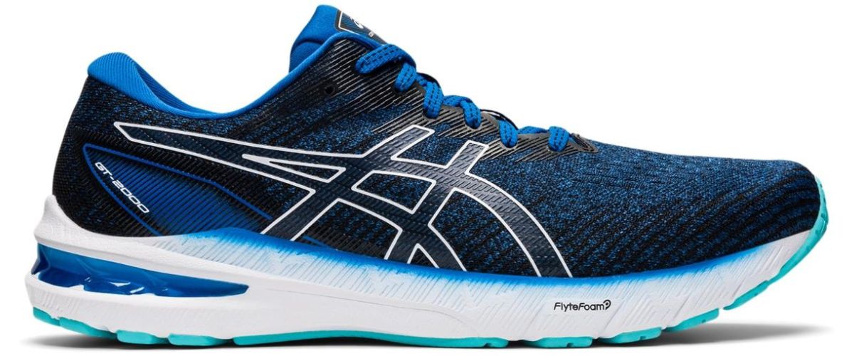 blue and white and black asics shoe