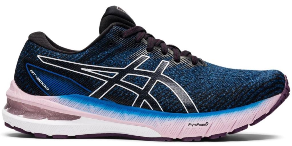 blue black white and pink Asics shoe