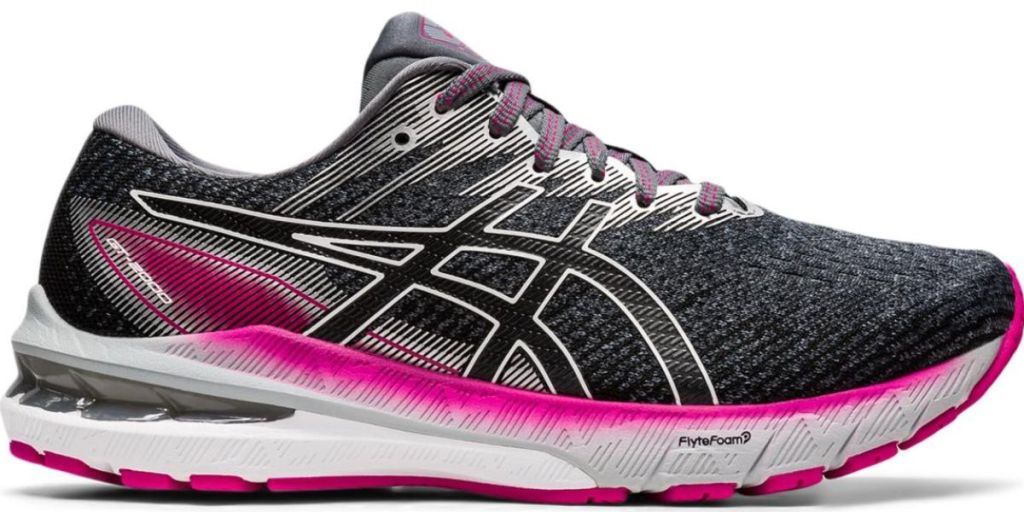 black white and pink Asics shoes