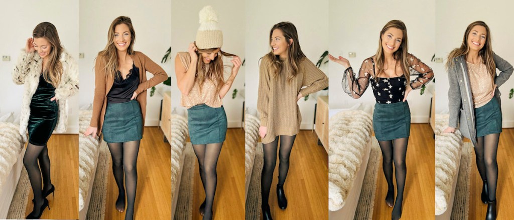 woman posing in different outfits with fake translucent tights