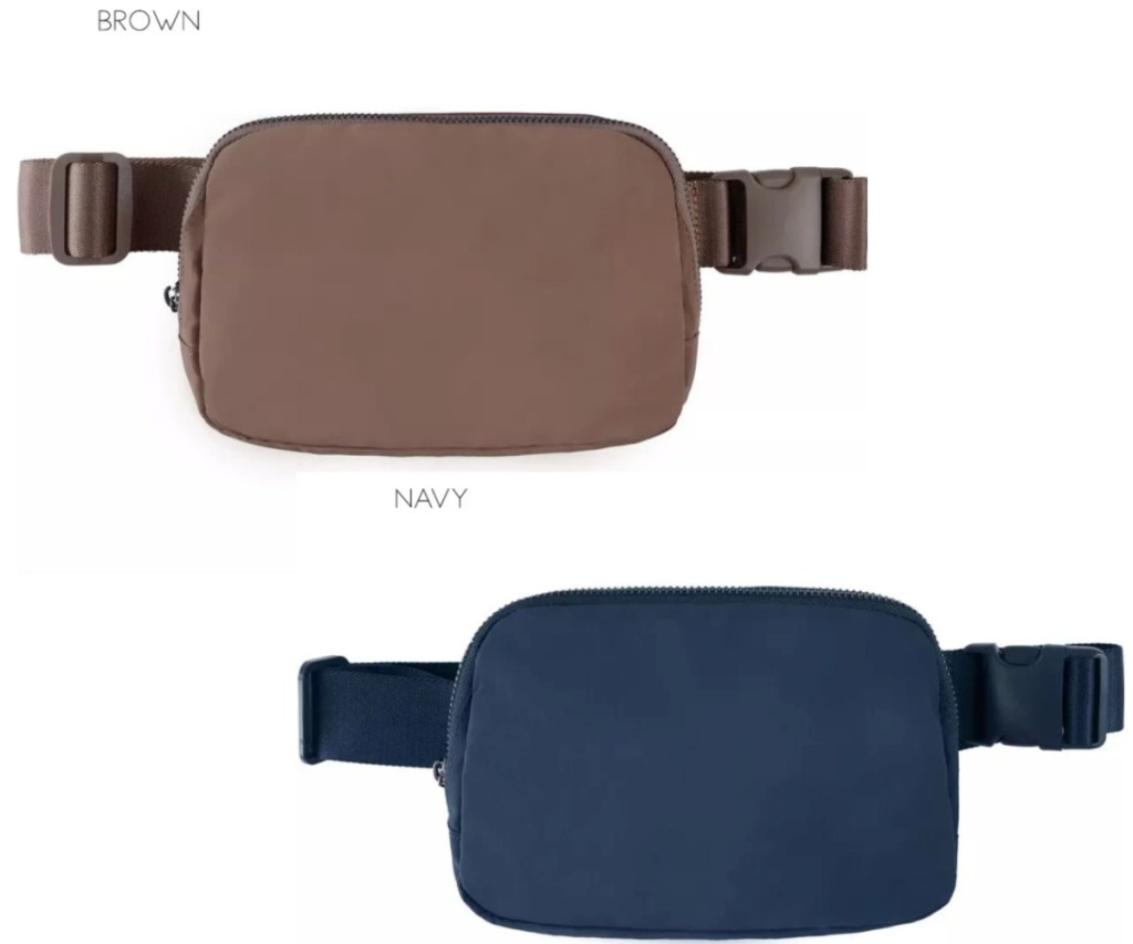 brown and navy belt bags