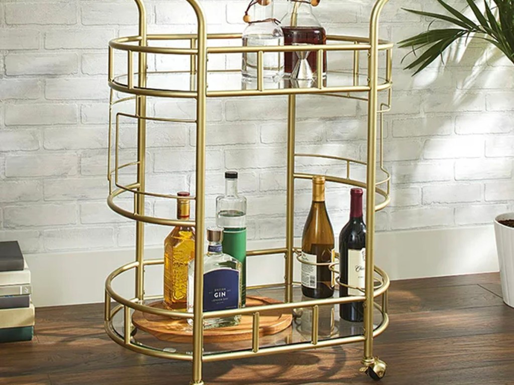better homes and garden gold bar cart with drinks