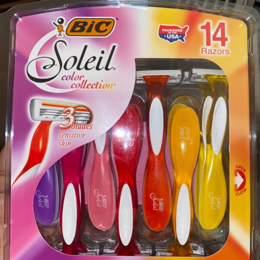 package of 14 colorful disposable razors