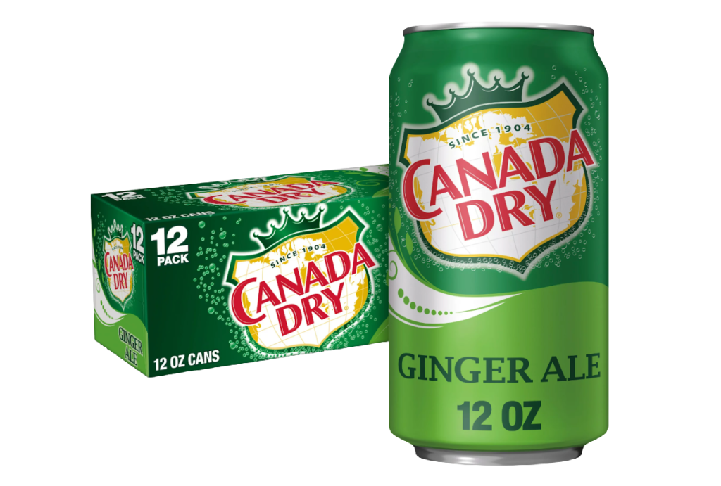 Ginger Ale can next to a 12-pack box of Canada Dry