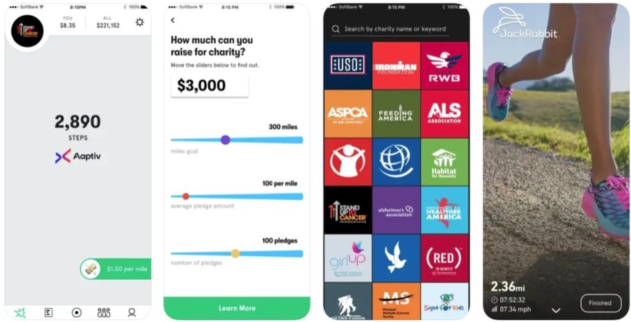 4 screenshots from the Charity Miles app