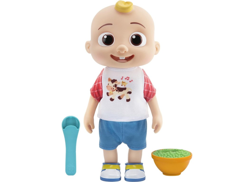 cocomelon doll displayed with spoon and peas