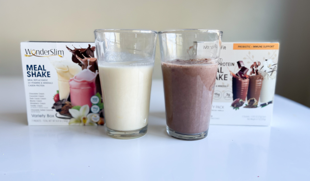 chocolate and vanilla meal shakes in glasses