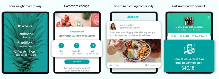 4 screenshots from the DietBet app