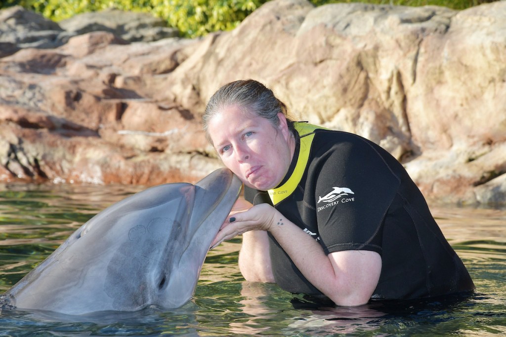 woman kissing dolphin in water 