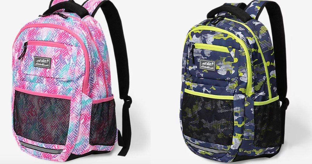 two eddie bauer backpacks pink and gren camo