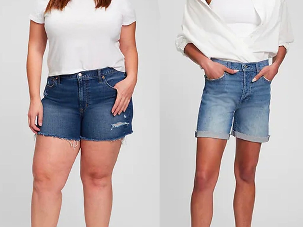 two women wearing jean shorts and white shirts