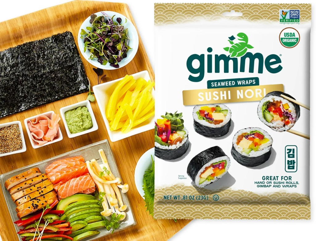 pack of seaweed with sushi ingredients in background