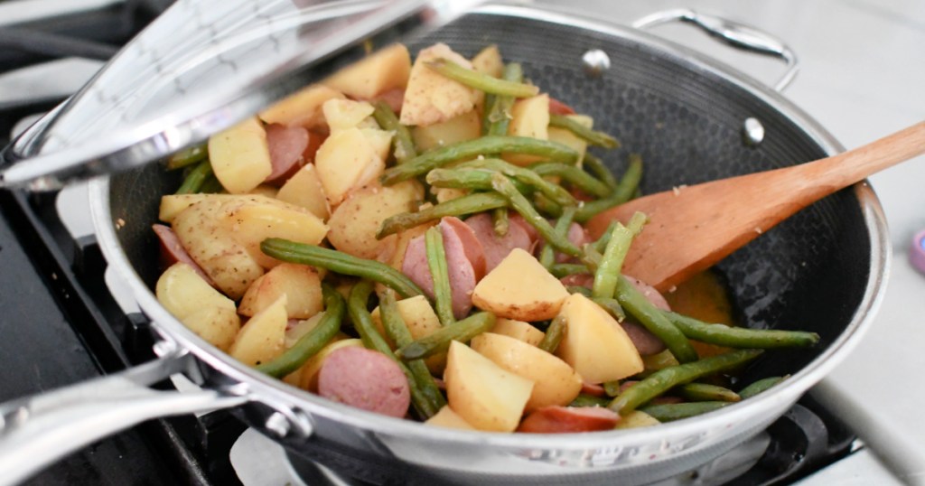 green beans sausage and potatoes after cooking