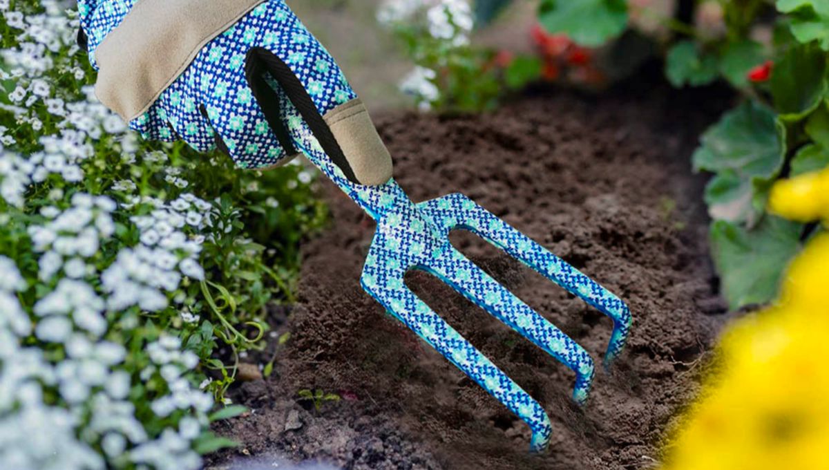 a gloved hand using a blue and white hand tool gardening rake to work in a flower bed