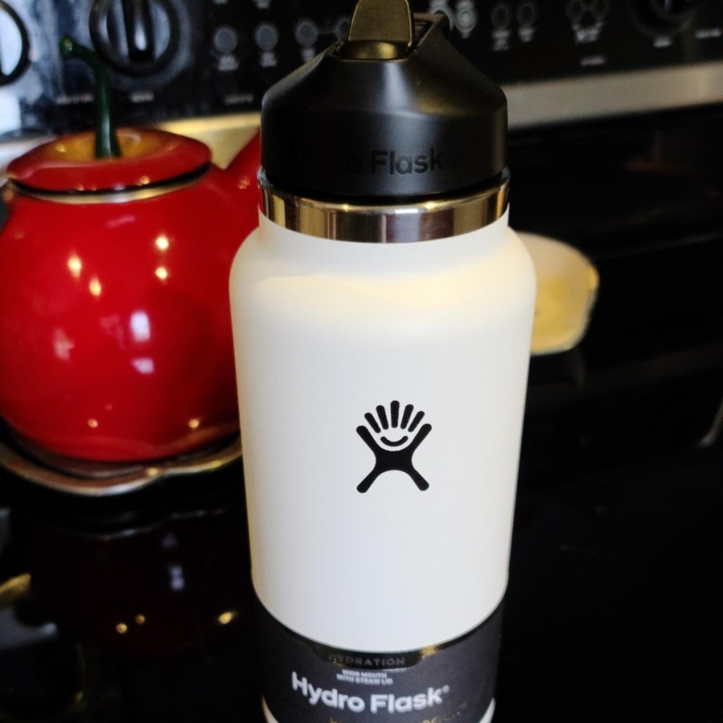white Hydroflask on stovetop