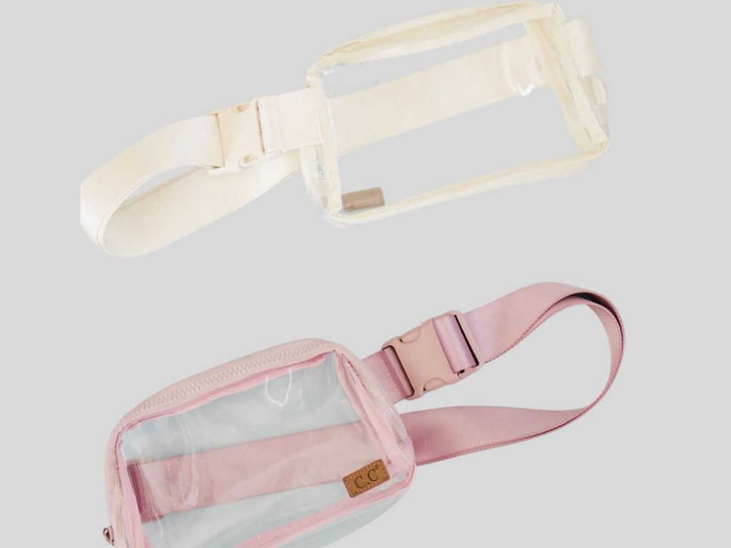 white and pink clear belt bags 