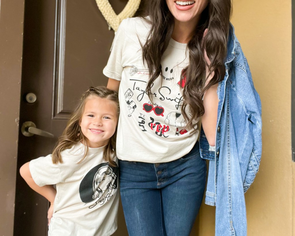 mom and daughter in matching tees