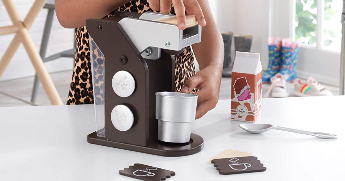 KidKraft Wooden Espresso Coffee Maker Set Just $13 on Amazon or Walmart.com (Reg. $25) | Includes Realistic Coffee Pods