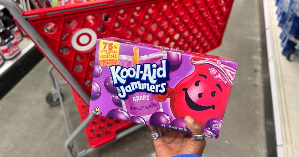 kool-aid jammers box in front of a target cart