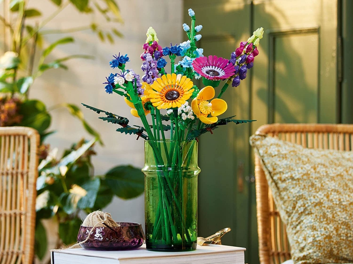 bouquet of LEGO wildflowers in glass vase