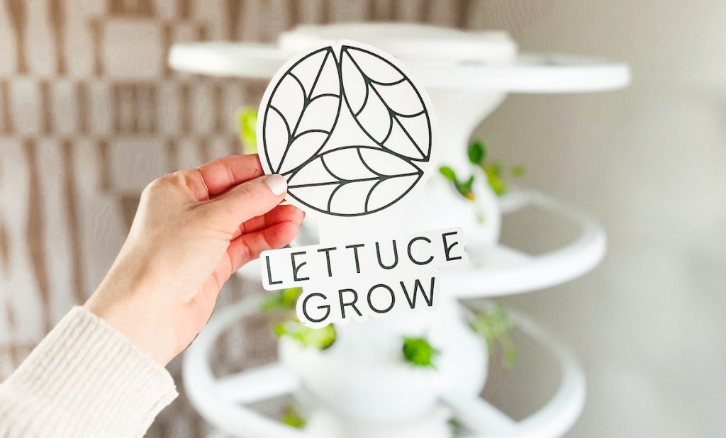 hand holding a lettuce grow sticker