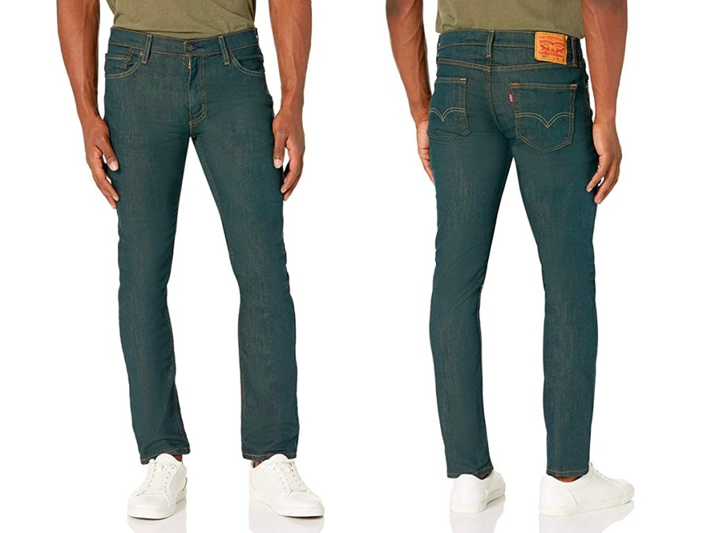 front and back image of man wearing levis stetch slim fit jeans and white shoes