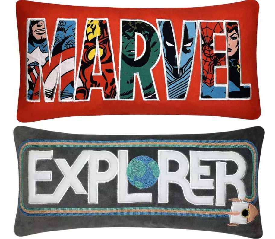 a marvel and an explorer lumbar pillows from the big one