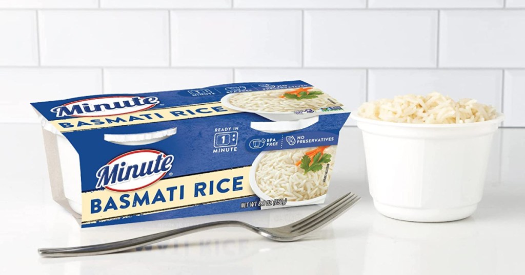 A pack of Minute Basmati Rice with fork and bowl