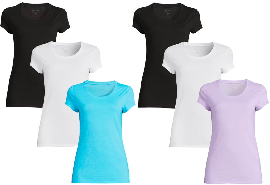stock images of 2 3-packs of tees in black white, blue and purple