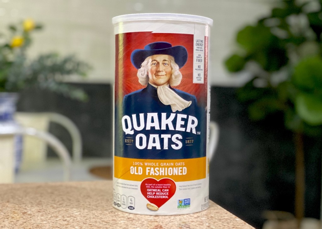 quaker oats oatmeal container on countertop