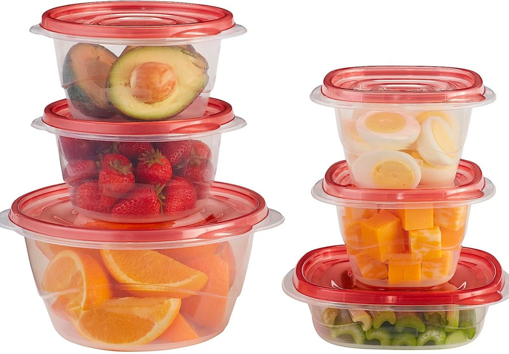 rubbermaid containers with red lids stacked with fruit