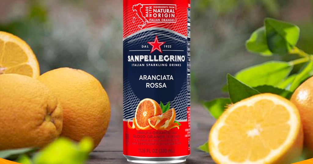 sanpellegrino blood orange can on table with fruit