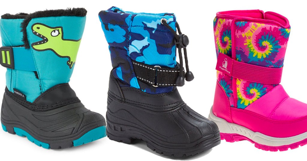 Blue dinosaur snow boot, blue camo snow boot and pink tye dye snow boots in a row