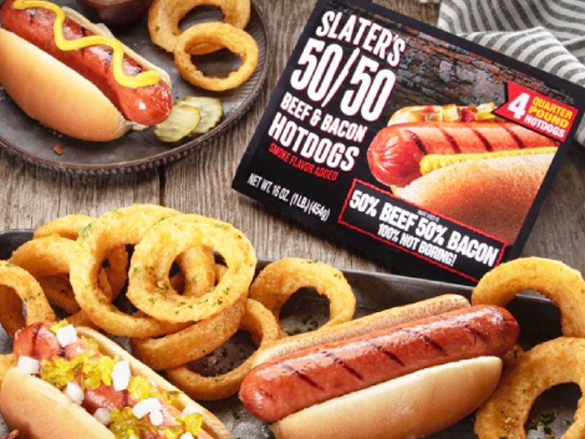 slaters 50/50 hot dogs