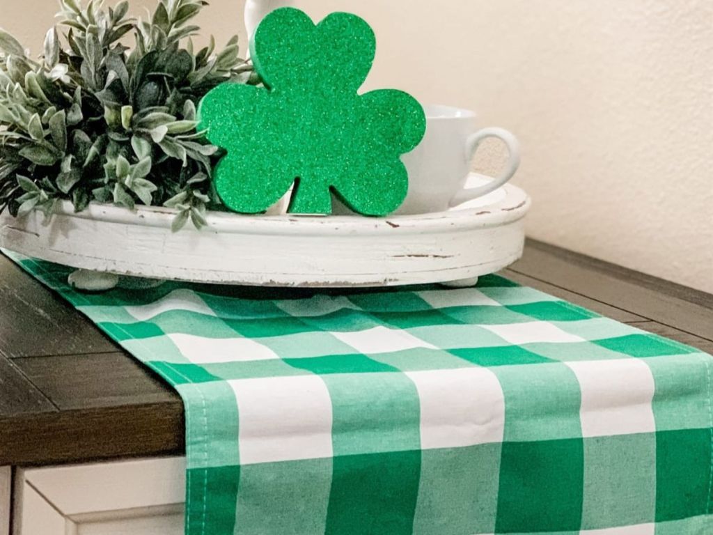 green and white checkered table runner