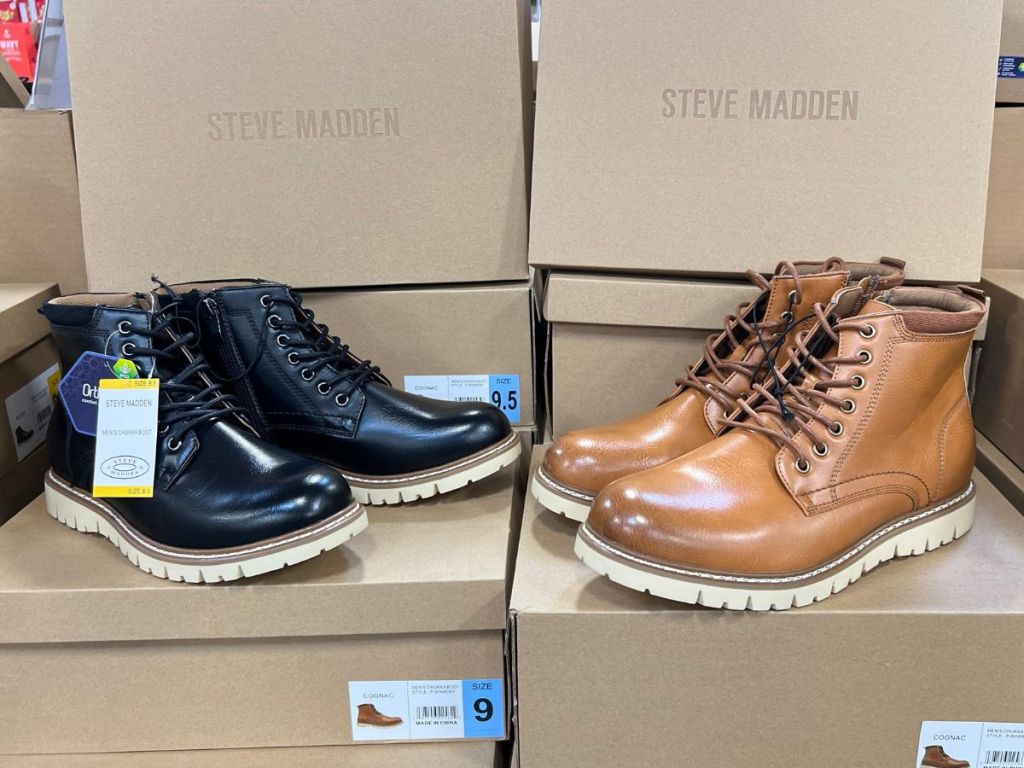 black and cognac colored steve madden chukka boots on boxes at sam's club