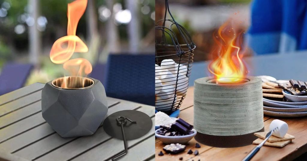 gray concrete portable mini fire pit on table and fire pit with silicone sleeve on table