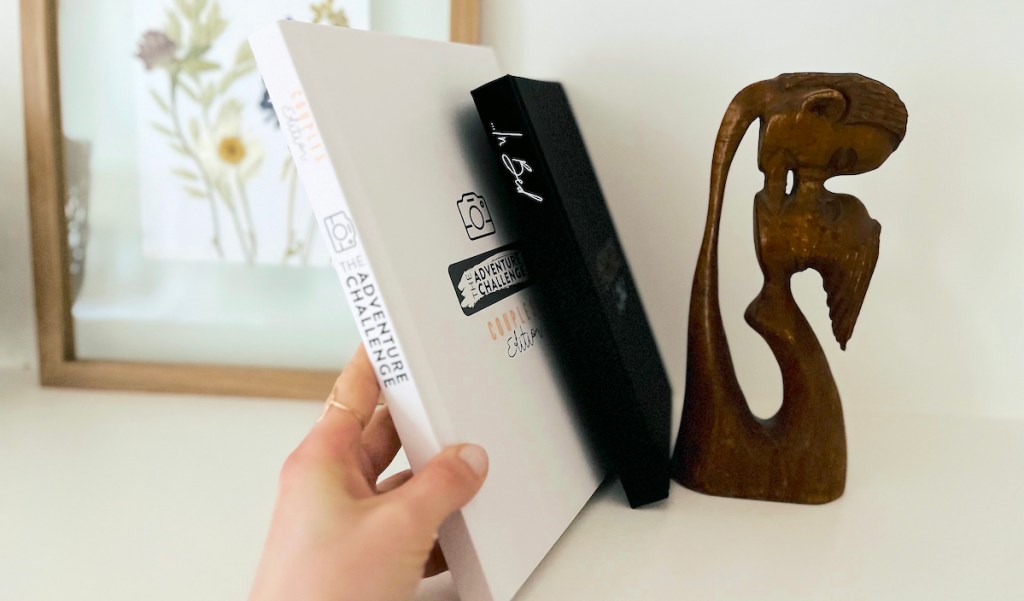 hand pulling the adventure challenge books off shelf