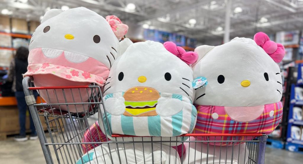 three hello kitty squishmallows inside of Costco cart