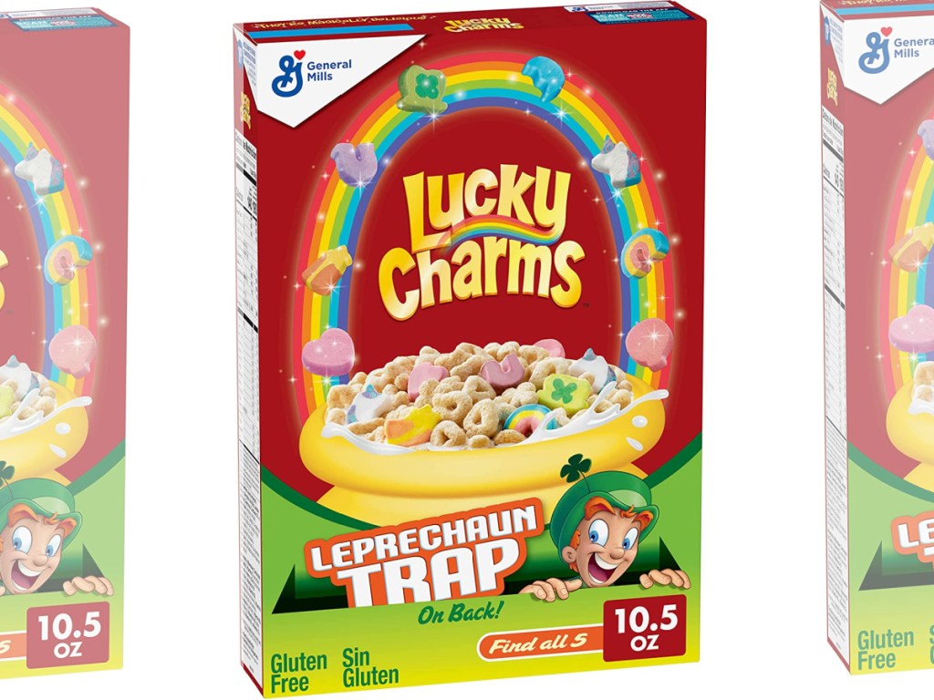 three stock images of Lucky Charms 10.5oz box cereal