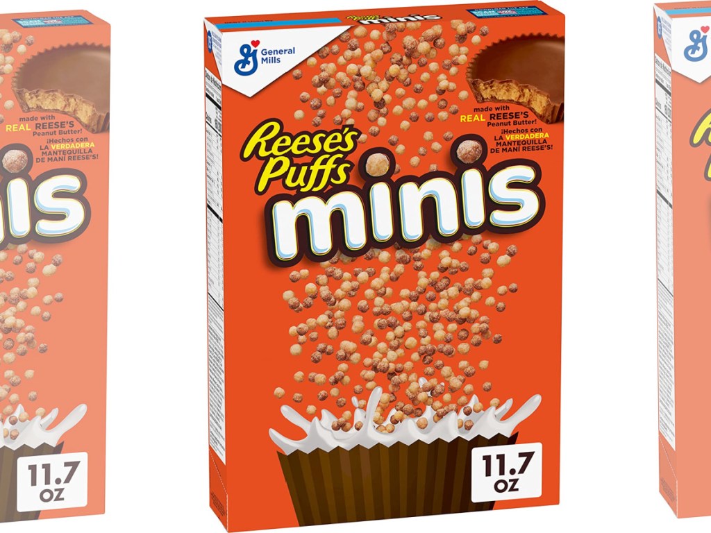three stock images of Reese's Puffs Minis cereal