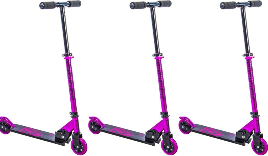 three stock images of pink scooter
