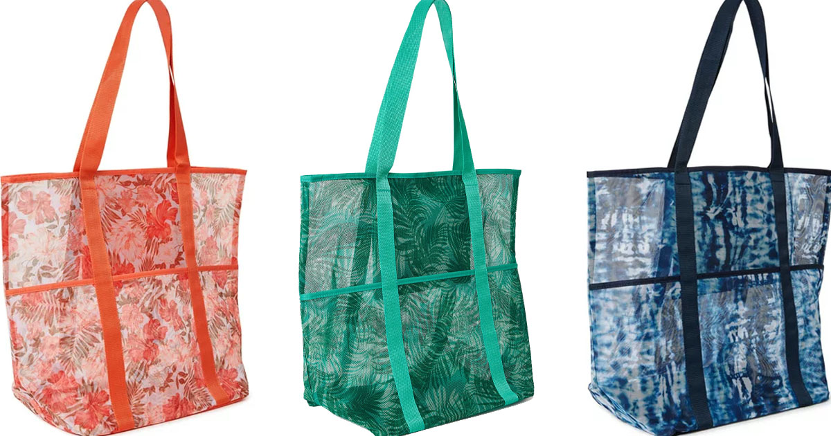 orange floral, green floral and blue tye dye mesh beach totes